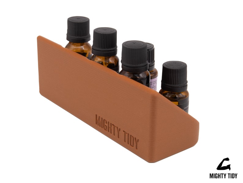 essential oil holder with mighty tidy logo in redwood color