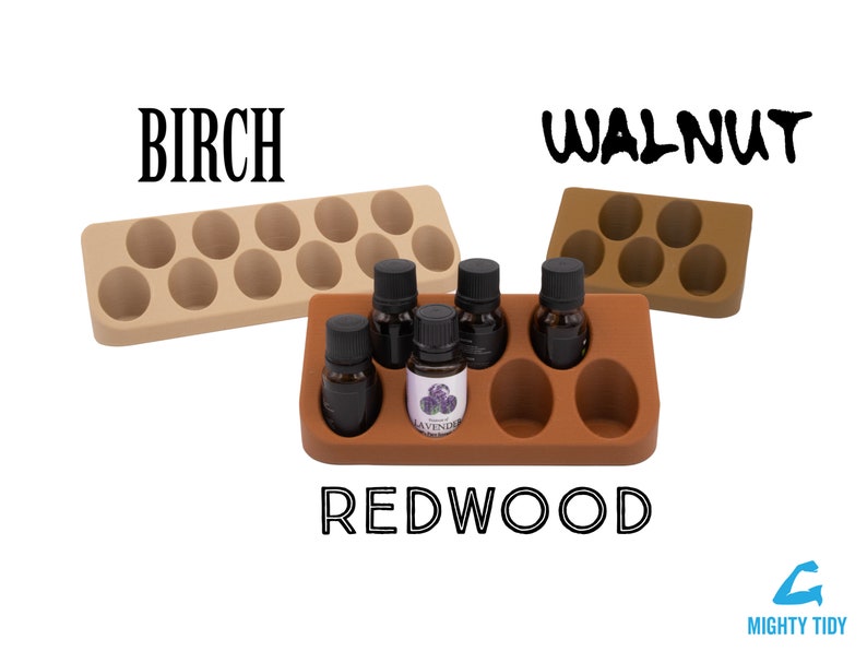 essential oil holder examples in birch, walnut, and redwood colors