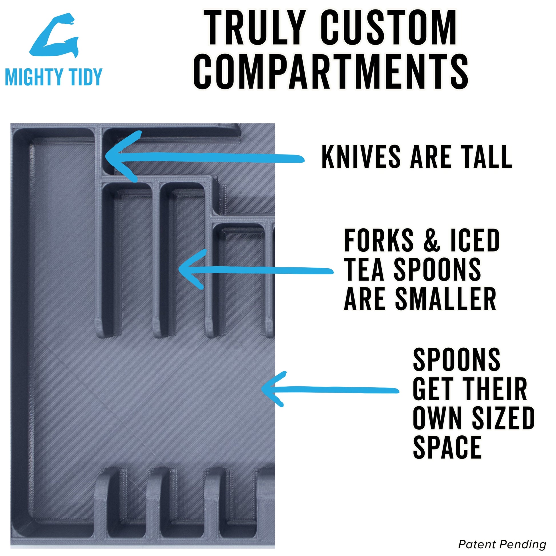 truly custom compartments; knives are tall; forks & iced tea spoons are smaller; spoons get their own sized space.
