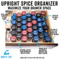 Photo of Upright Spice Organizer partially filling a drawer with Morton & Basset spice jars. Captions read "Spice Jars Stand Up to Save Space", "Regular or Small Jars", "Custom Fit to Any Size Drawer", "Drawer Must be Taller Than Your Spice Jars".